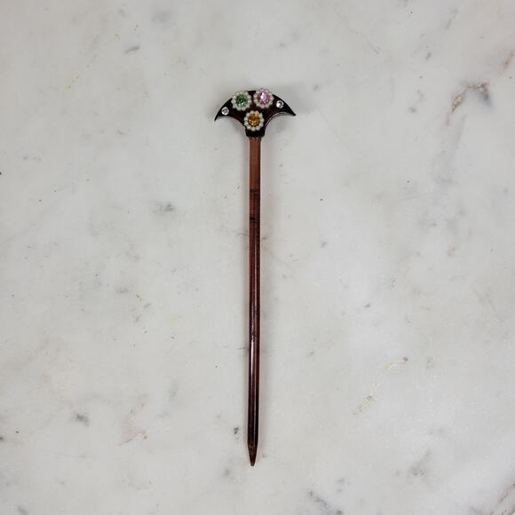 Vintage Bakelite Hair Stick 6" Brown Rhinestones Pearls - Picture 6 of 12